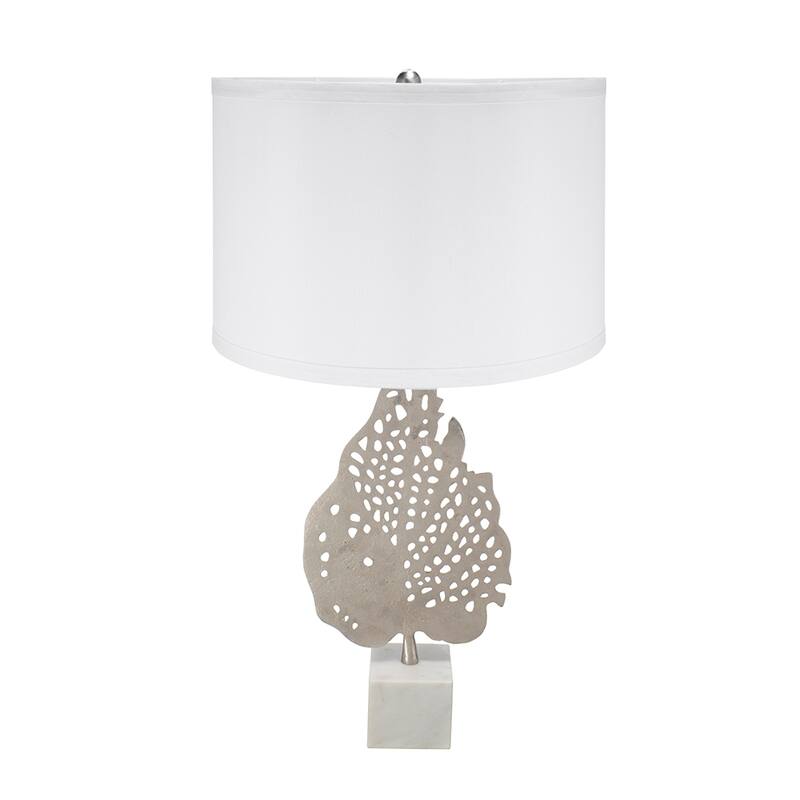 D15x29.3" White and Silver Leaf Table Lamp with Drum Shade and Marble Base (Lamp Shade Assembly Required)