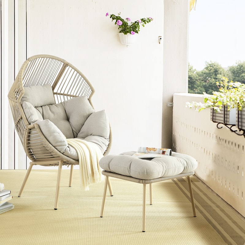 Outdoor Egg Chair with Ottoman with Stand and Cushion - Biege - Yellow