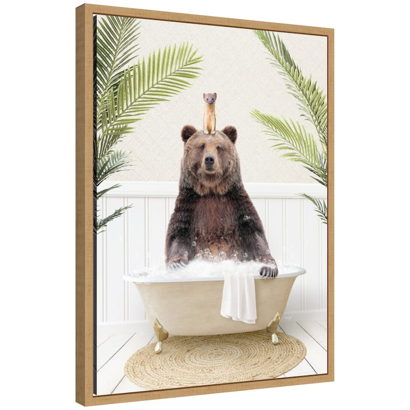 Kate and Laurel Sylvie Bear and Weasel in Palms Bathtub Framed Canvas by Amy Peterson - Natural