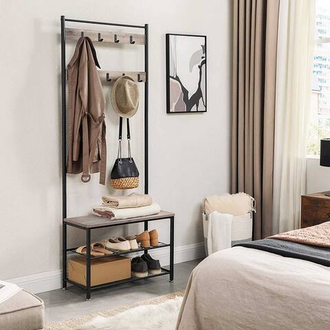 VASAGLE Industrial Entryway Coat Rack with Shoe Bench, 3-in-1 Functional Hall Tree - 27.56" x 68.9" x 12.8"