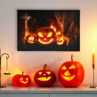 LED Jack-O-Lanterns a Cemetery Halloween Canvas Wall Art 23.5"x15.5"