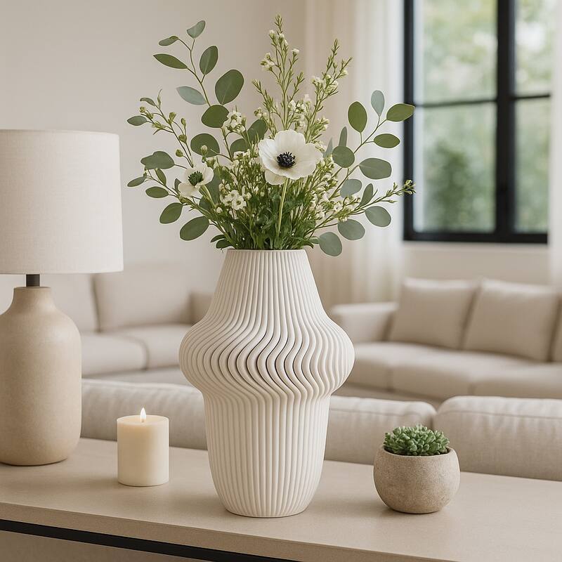 Porcelain Ribbed 3D Printed Vase - Ivory/Beige - 14.0"