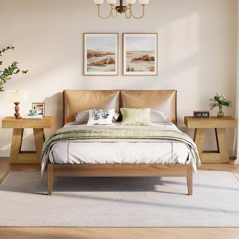 Small Nightstand, Wooden Bedside Table with Trapezoid Base