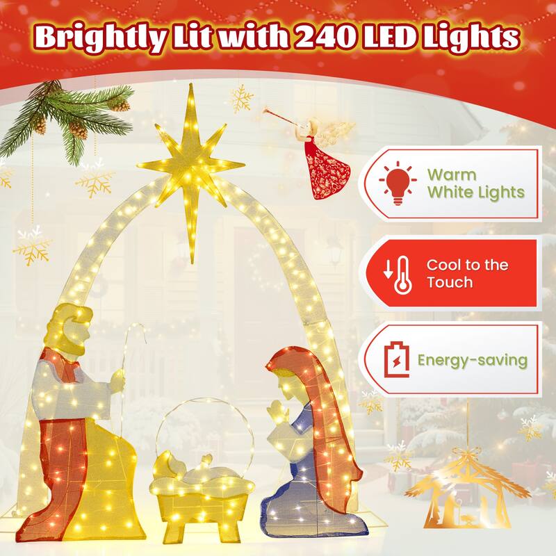Gymax 6 Ft Outdoor Lighted Nativity Scene w/240 Warm White LED Lights - Multi-Color