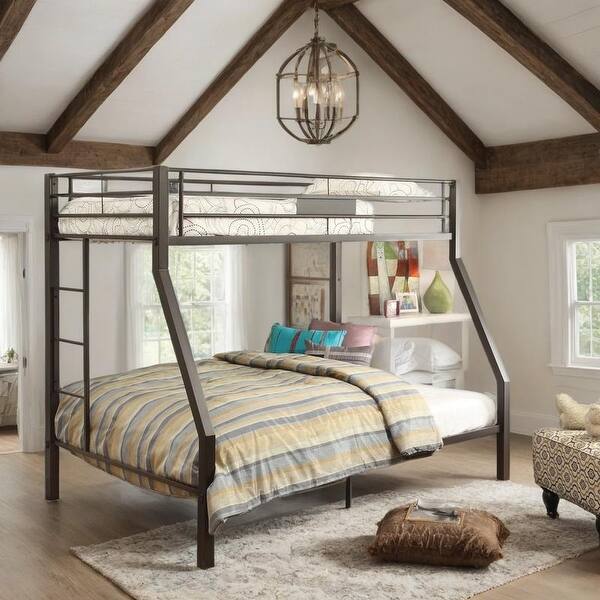 slide 2 of 7, Sturdy Metal Twin/Full Bunk Bed, Reversible Ladder & Guardrail Brown