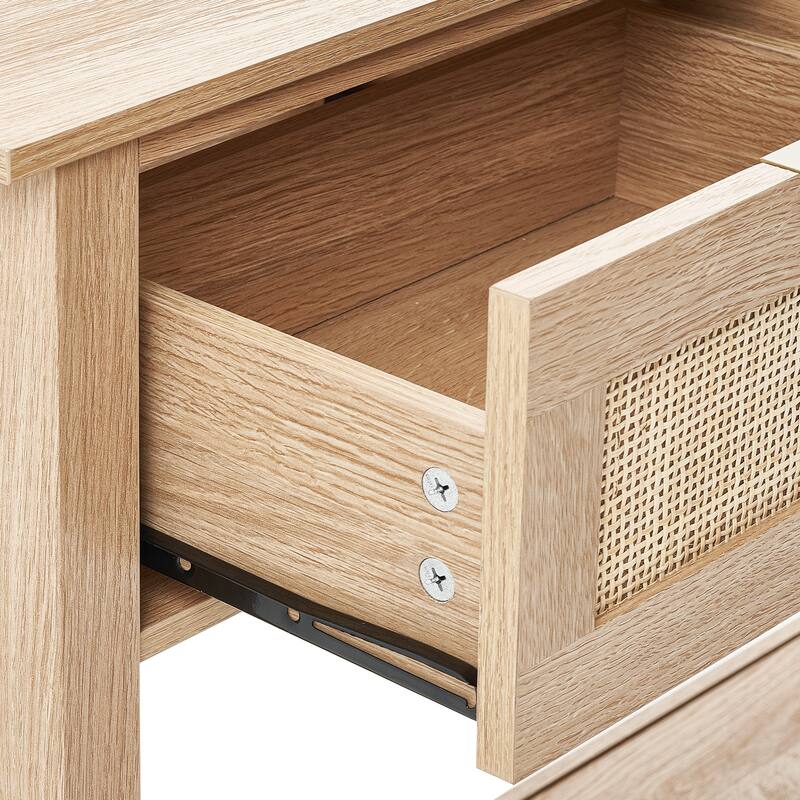 Rattan Console Table with 3 Storage Drawers, Rattan Entryway Table with Natural Rattan Sliding Door, Console Sofa Table