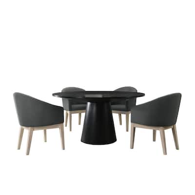 5 Piece Round Dining Table Set, Padded Curved Armchairs, Gray and Beige