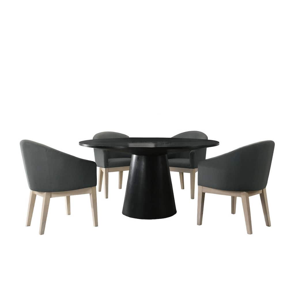 5 Piece Round Dining Table Set, Padded Curved Armchairs, Gray and Beige