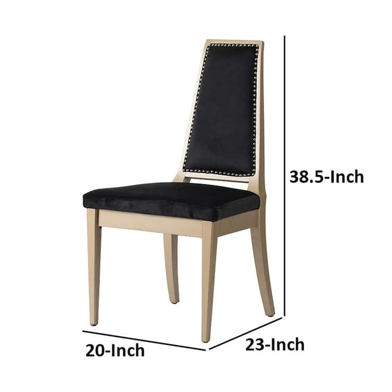 23 Inch Side Dining Chair, Black Soft Velvet Upholstery, Beige Rubberwood
