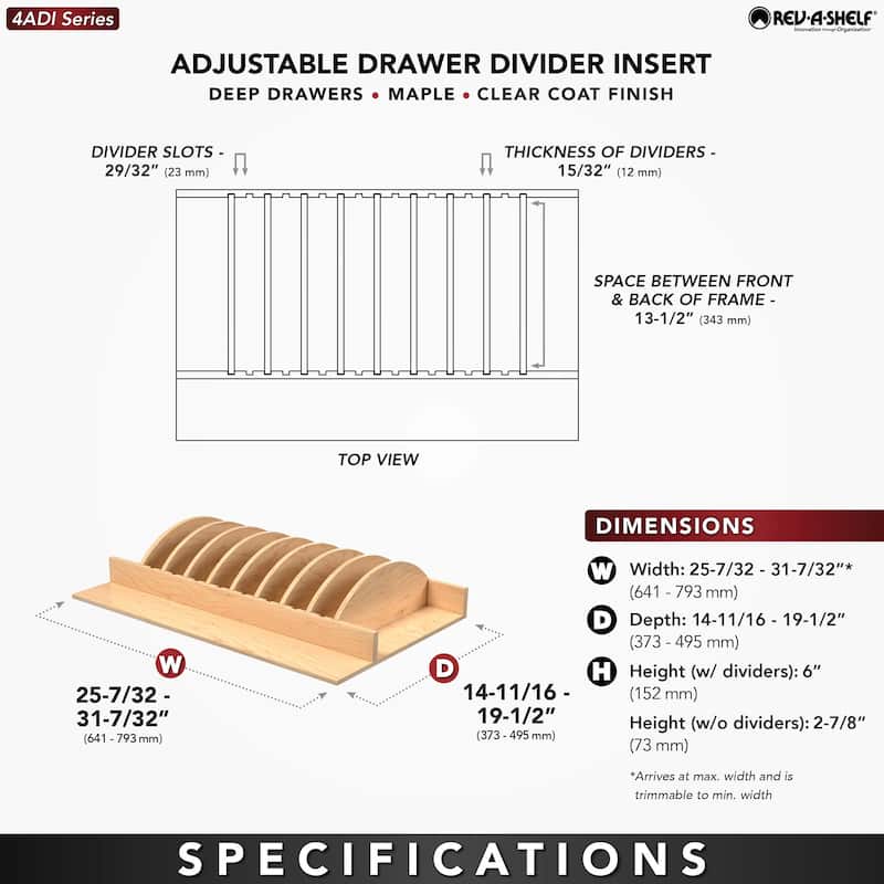 Rev-A-Shelf 4ADI-36-1 Adjustable 31"W Deep Drawer Organizer for Trays,