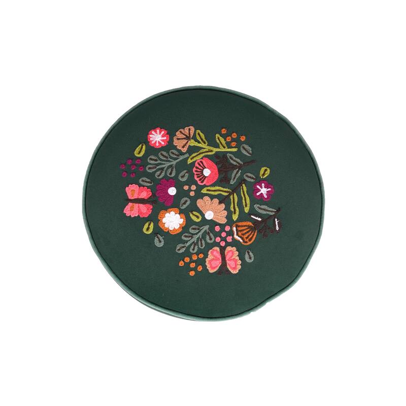 Nico Embroidered Velvet Round Ottoman, 17"D x 17"W x 18"H by Sevita