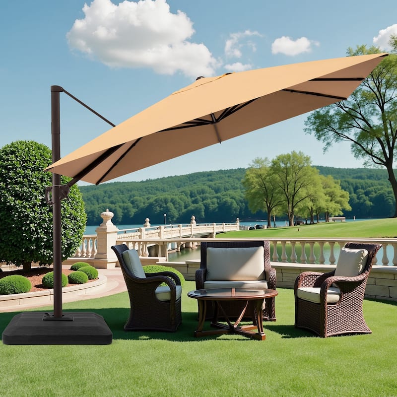 Pellebant 9 FT x 11 FT Outdoor Cantilever-Offset Umbrella with Premium Base Stand - Tan