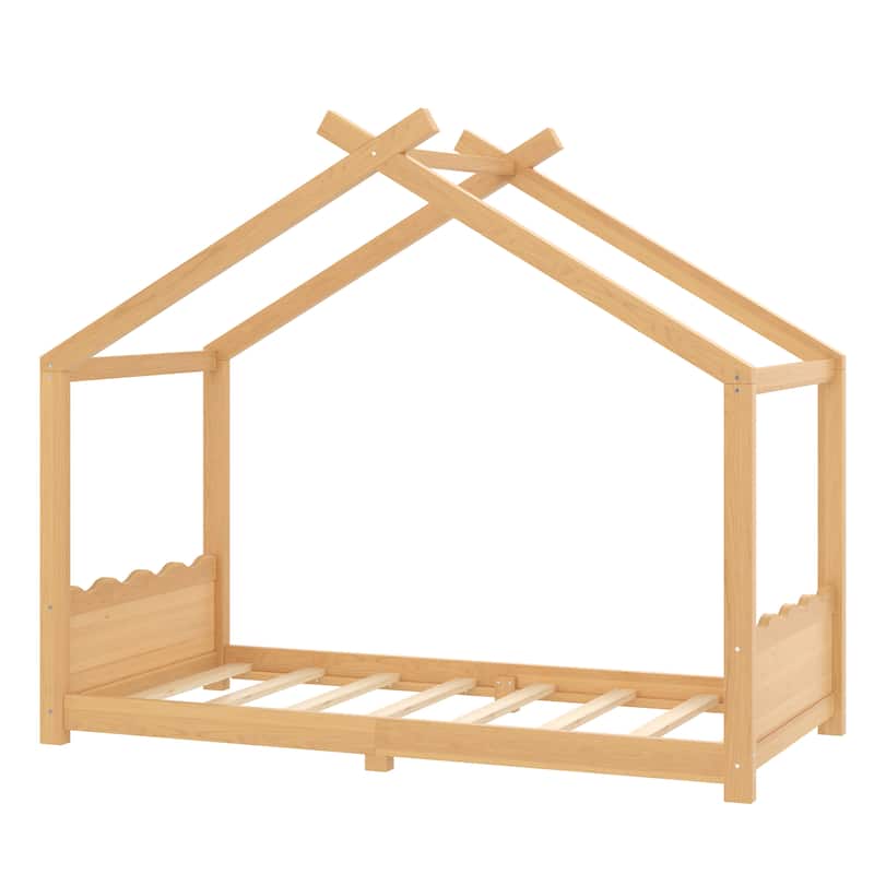 Queen/Full/Twin Solid Wood House Floor Bed, No Box Spring Needed