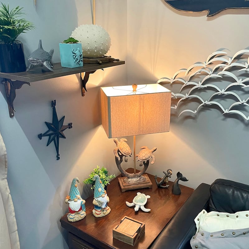 Set Of 2 Double Sea Turtle Table Lamps Coastal Nautical Resin 27.75" W/Shades - 27.75 X 15 X 9 inches