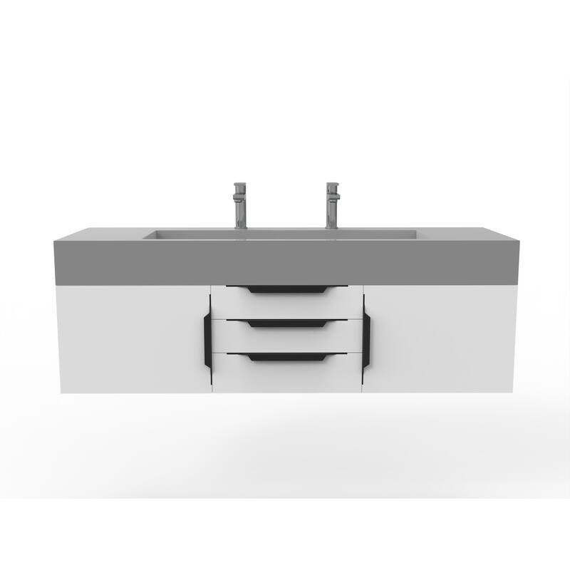 Nile 60" Wall Mounted Bathroom Vanity Set with Gray Solid Surface Top - White - Matte