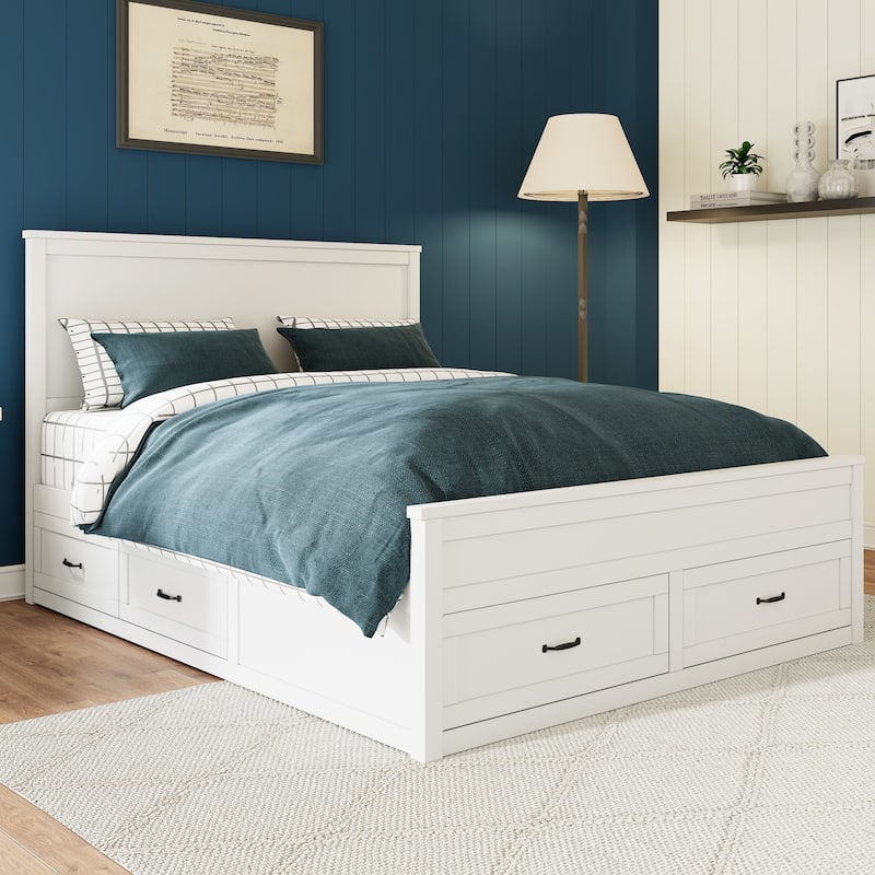Modern Storage Bed Wood Bed Frame Queen Size Platform Bed with 6 Pull-out Storage Drawers and Panel Headboard Wood Slats Support