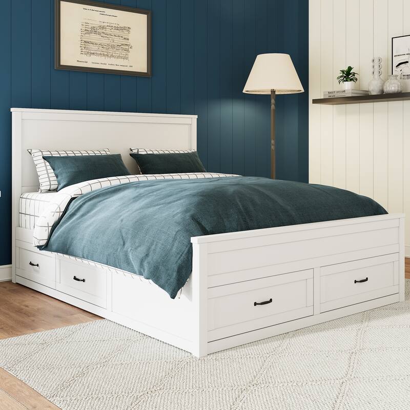 Queen Size Wood Storage Bed Frame with 6 Drawers Wingback Platform Bed