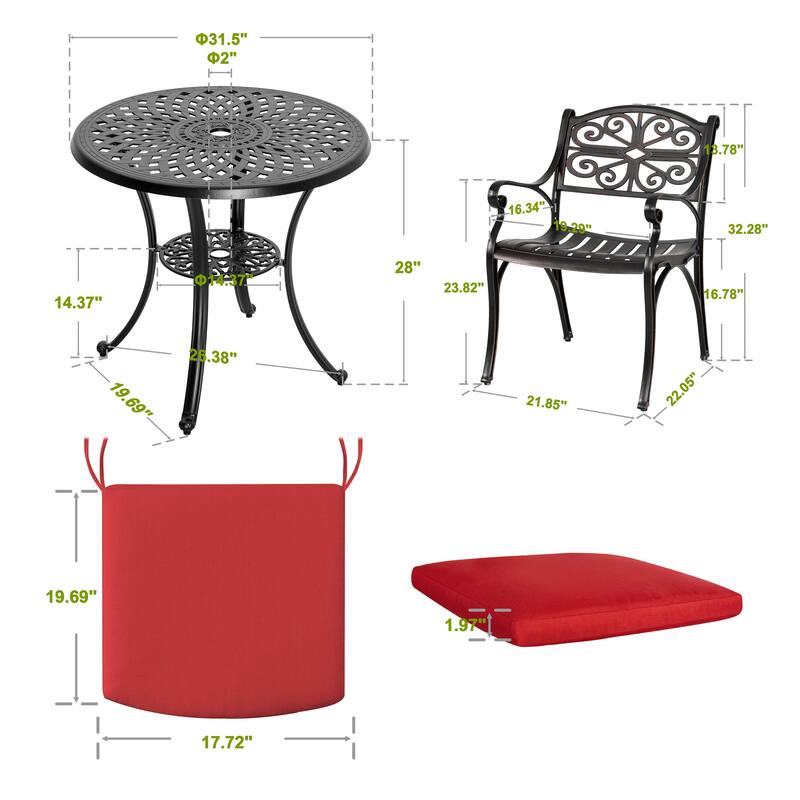 Outdoor 3 Pieces Cast Aluminum Bistro Set with 2’’ Umbrella Hole