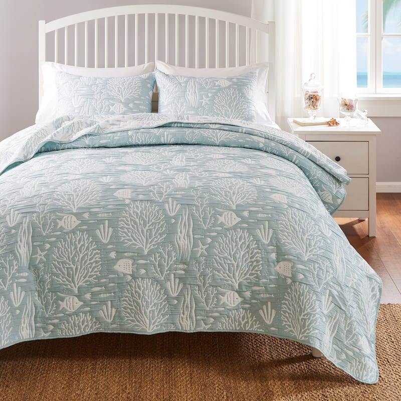 Greenland Home Coastal Paradise Reversible Matelasse Coverlet Set - Full - Queen - Marina Seafoam