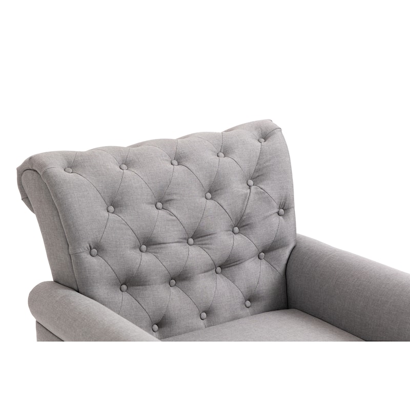 Linen Armchair w/Tufted Back/Wood Legs