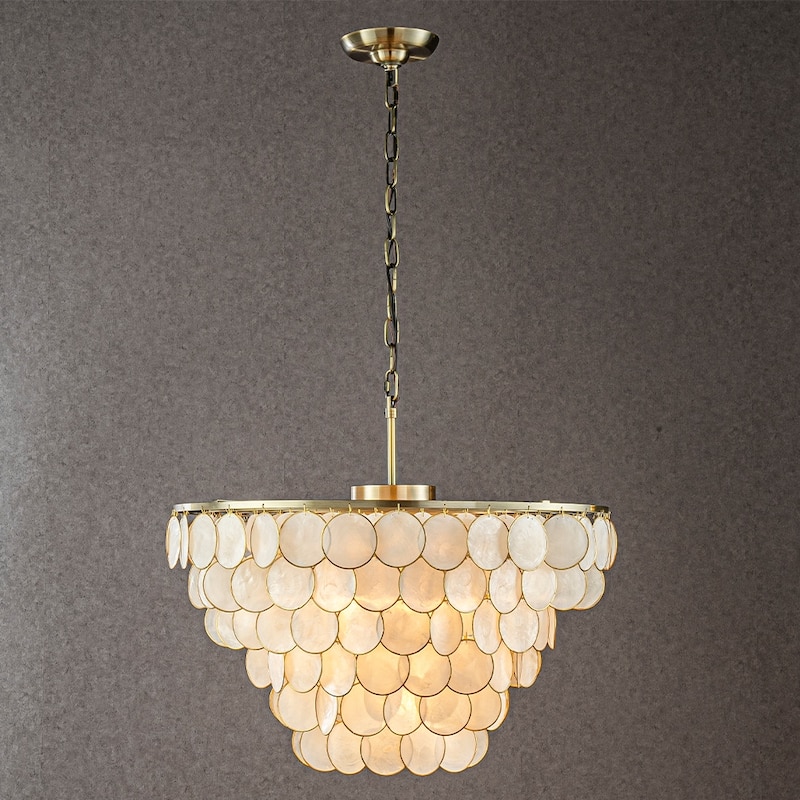 CraftHome 6-Light 24'' Modern Coastal Aged Bronze Natural Capiz Shell Tiered Vintage Glam Chandelier For Dining Room - W24'' - W24'' - Aged Bronze