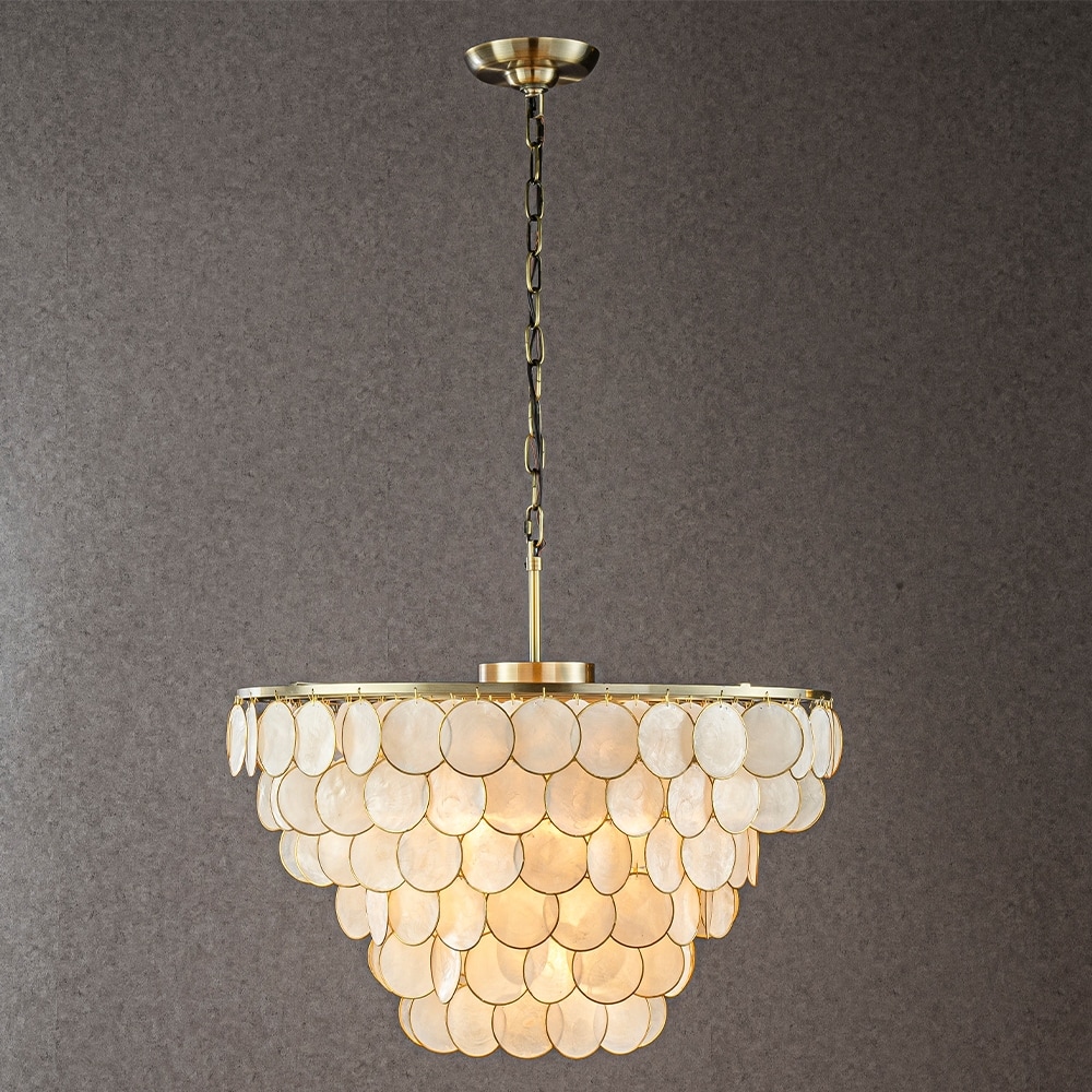 CraftHome 6-Light 24'' Modern Coastal Aged Bronze Natural Capiz Shell Tiered Vintage Glam Chandelier For Dining Room - W24''