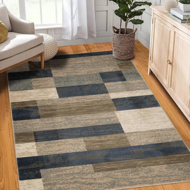 Miranda Haus Geometric Modern Patchwork Polypropylene Indoor Area Rug - 7' X 9' - Midnight Navy