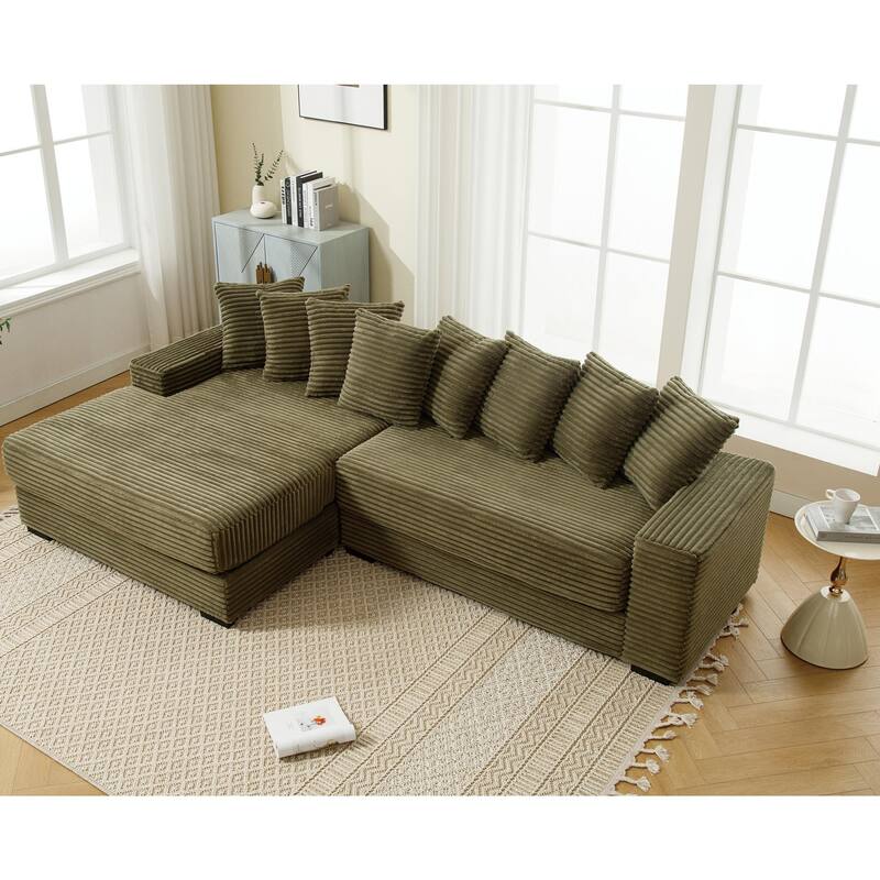 Oversized Corner Couch L-Shaped Corduroy Sofa Set with Left Chaise Daybed, Armrests, and Eight Throw Pillows