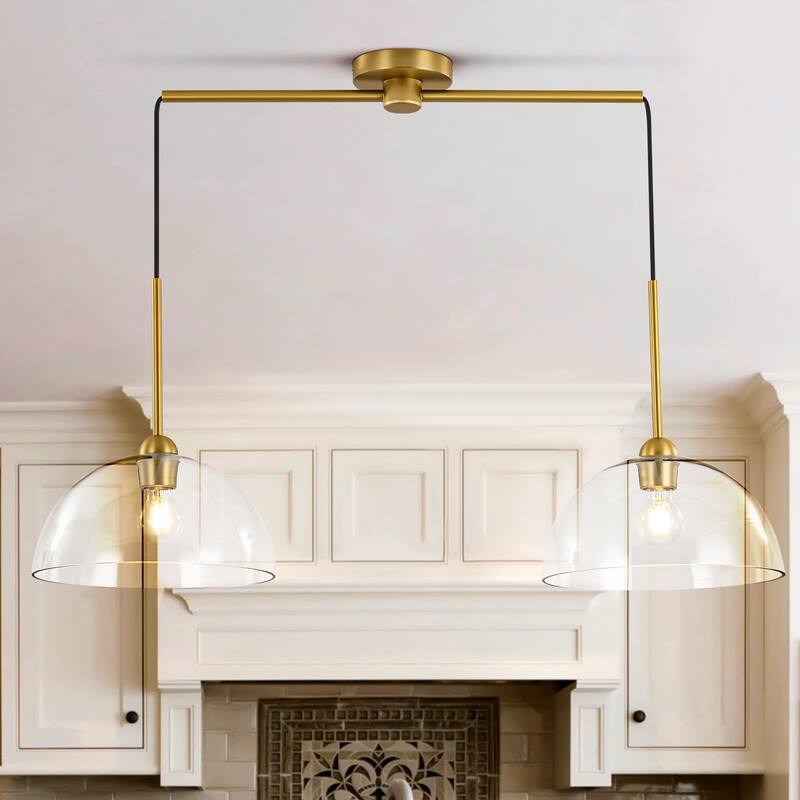 2-Light Modern Gold Linear Dome Clear Glass Globe Bubble Kitchen Island Lights