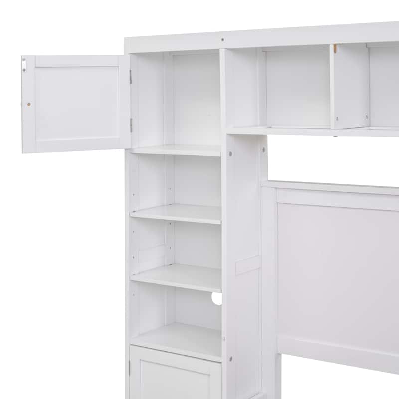 Full Wooden Platform Bed with Cabinet, Shelves, and Drawers