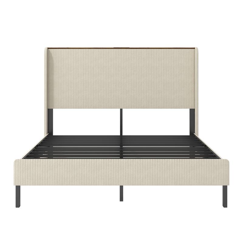 Queen Size Metal Platform Bed with Charging Station, No Box Spring Needed, Easy Assembly, Noise Free