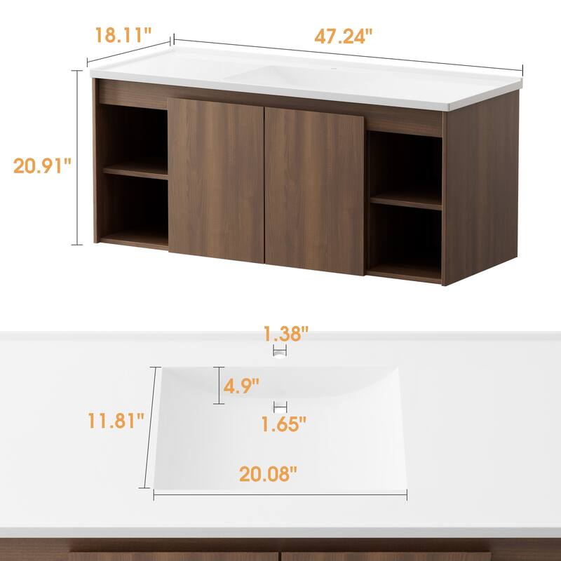 48-Inch Wall-Mounted Modern Bathroom Vanity with Single Sink – Sleek MDF Construction for Contemporary Spaces