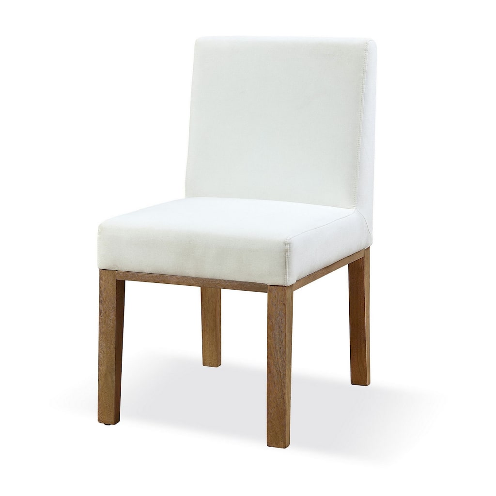 Rux 19 Inch Dining Chair, White Polyester Fabric, Wood Legs, White, Brown