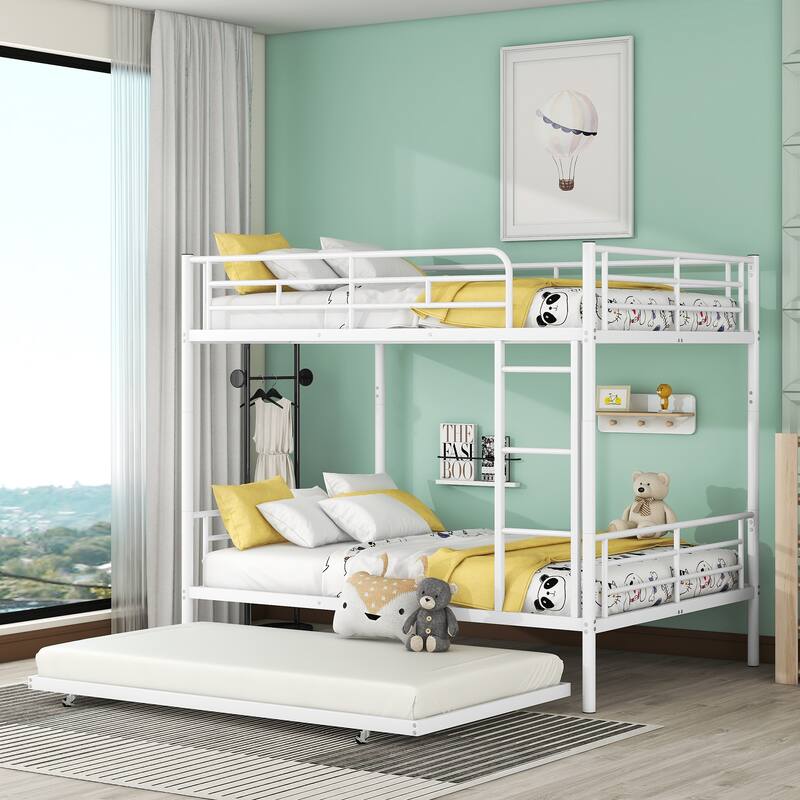 Full Over Full Metal Bunk Bed with Trundle in White, Black or Silver - Sturdy Iron Frame, Space-Saving Design