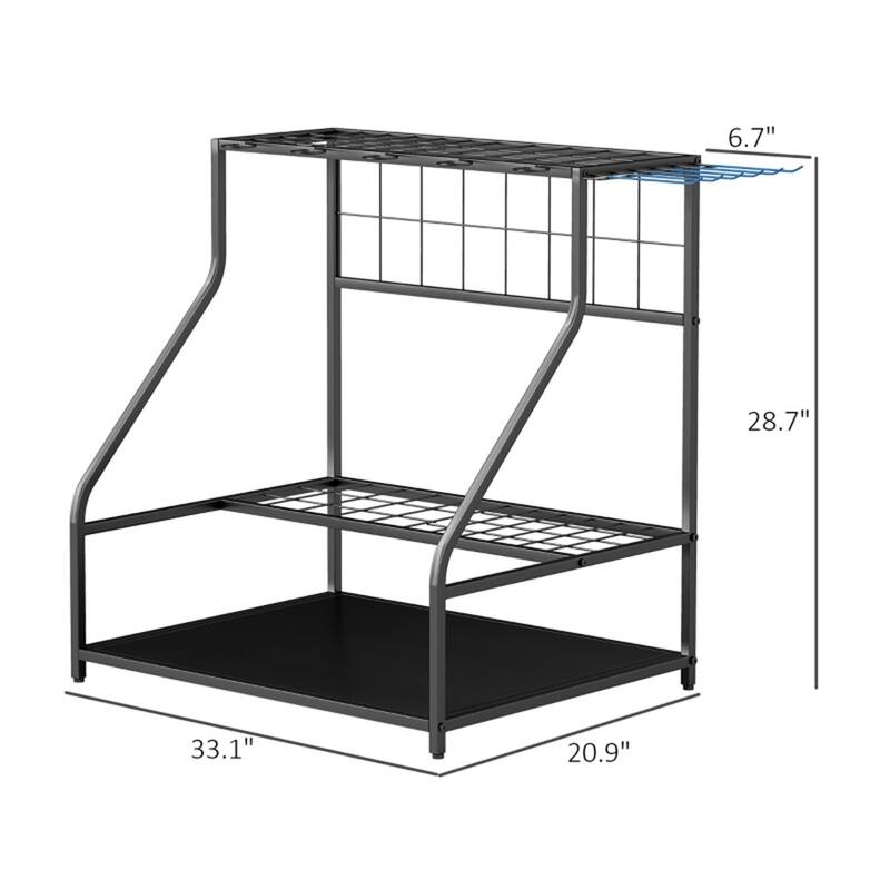 3 Tier Garden Tool Storage Rack Metal Organizer with Hooks and Shelves for Indoor and Outdoor Use - 33.1" L x 20.9" W x 28.7" H