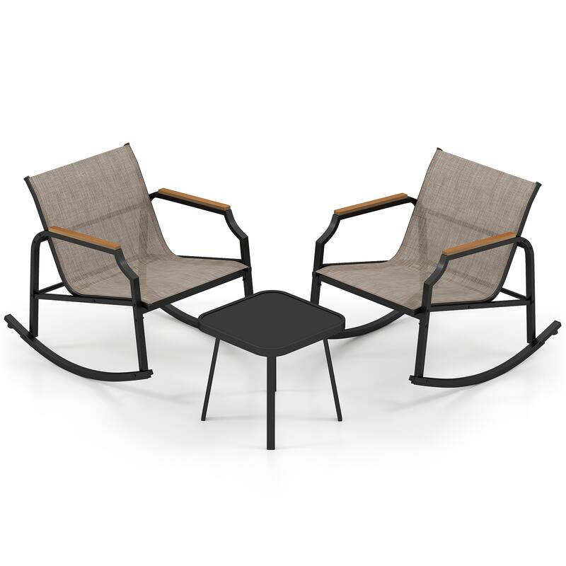 3 PCS Rocking Bistro Set Outdoor Furniture Set w/ Rocking Chairs - Black + Brown