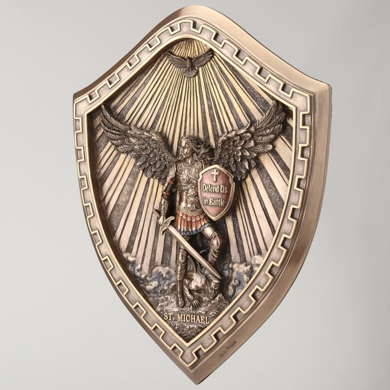 10.04 inches Height Cold Cast Bronze Saint Michael Crested Shield Wall Plaque Bronze Finish Figurine