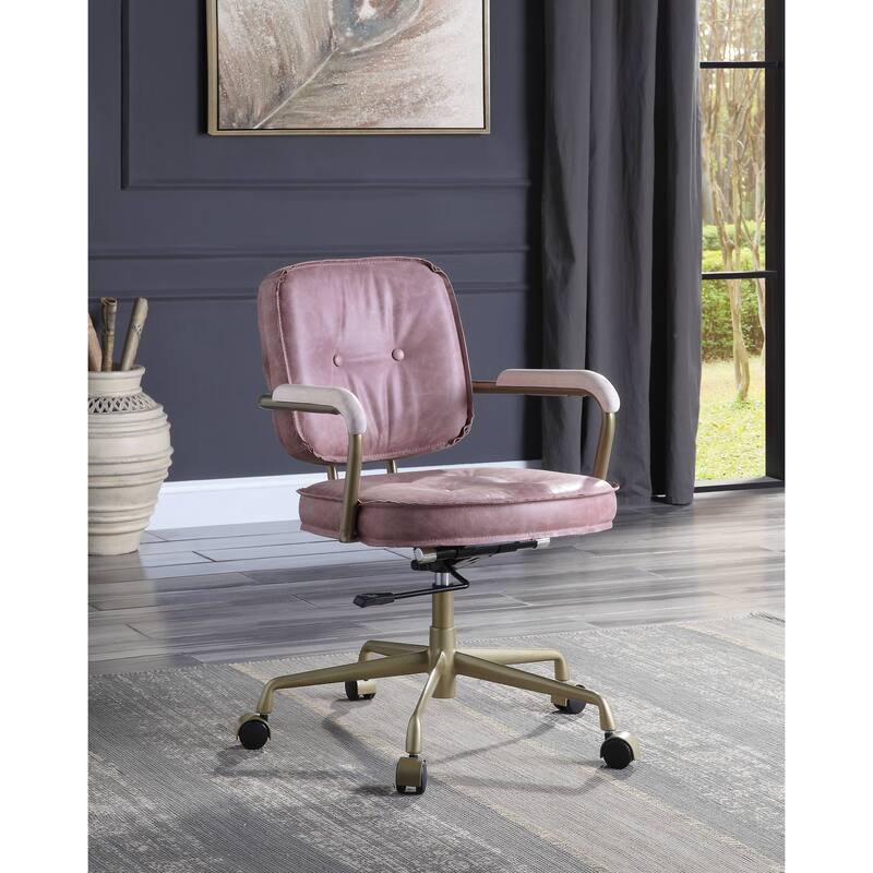 Vintage Leather Office Chair, Swivel Desk Chair with Wheels and Arms, Height Adjustable Upholstered Rolling Stool - N/A - Pink