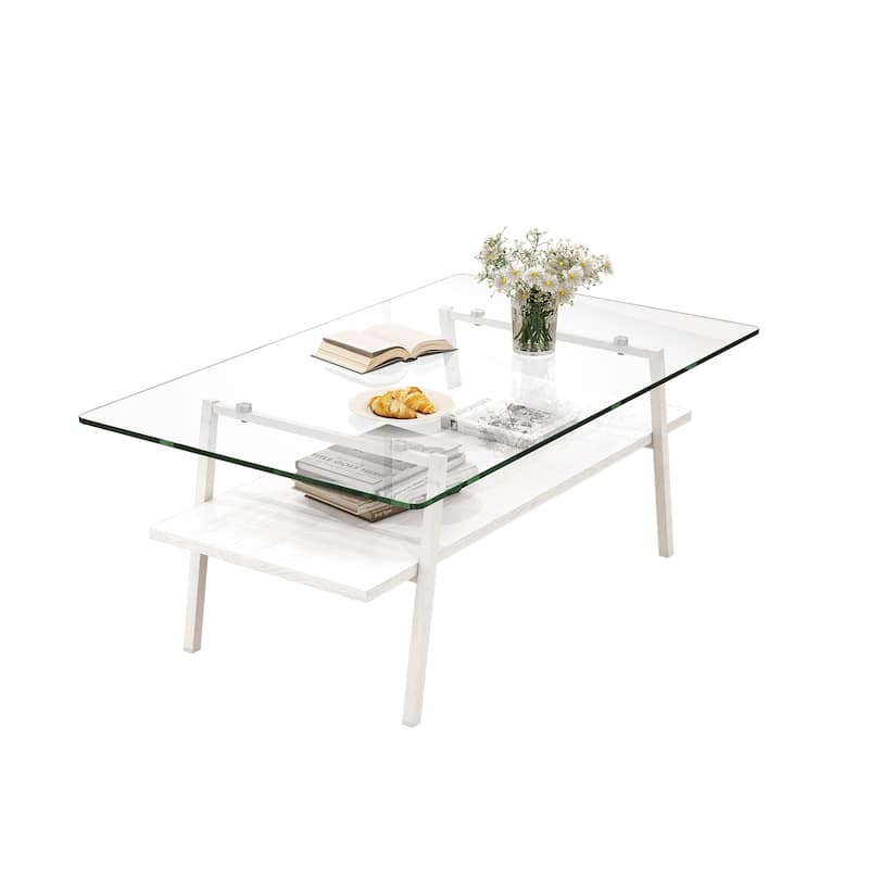 Rectangle Coffee Table with Tempered Glass Tabletop and Metal Legs