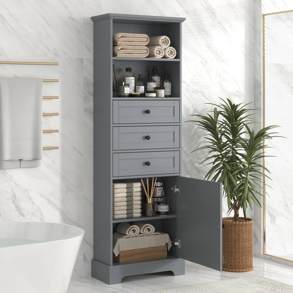 Tall Bathroom Cabinet, Storage Cabinet with Door, 2 Drawers, 3 Open Shelves and Ajustable Shelves for Kitchen Entrance Bedroom