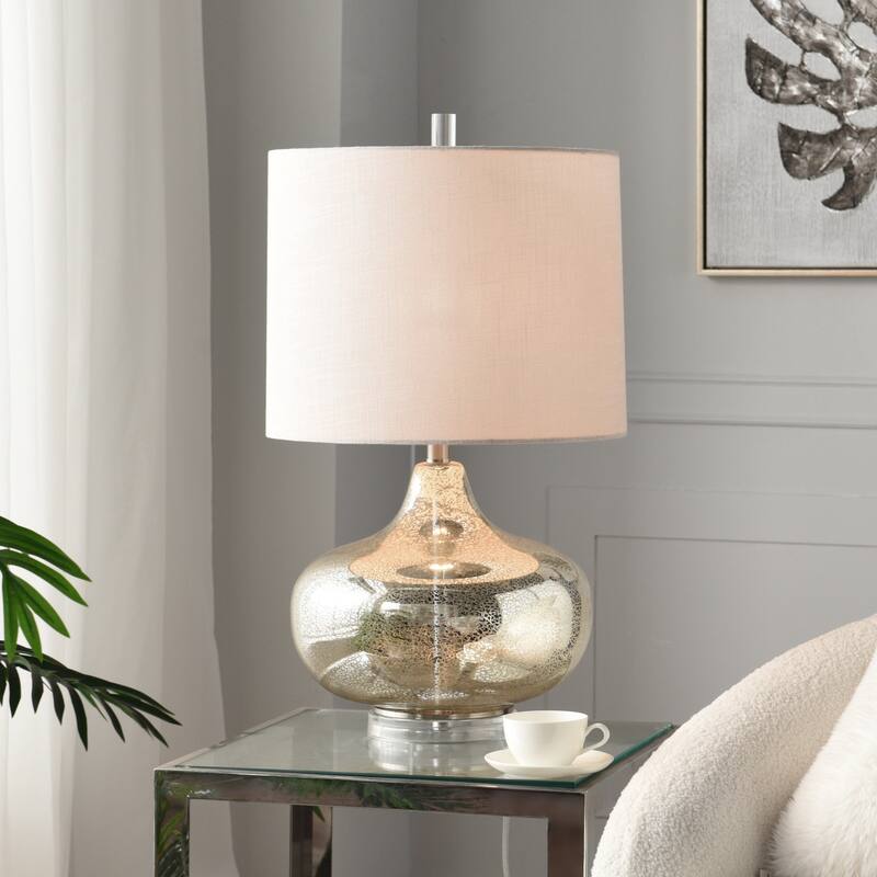 StyleCraft Antique Mercury Table Lamp - White Designer Print Hardback Fabric Shade