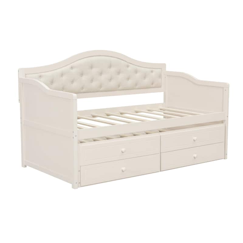Twin Daybed with Trundle, Twin Size Daybed with 2 Storage Drawers, Wooden Sofa Bed with Upholstered Button Tufted Backrest