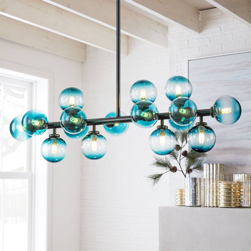 16-Light Modern Linear Cluster Gradient Blue Glass Globe Bubble Chandelier - 36.2 in. W x 11 in. H