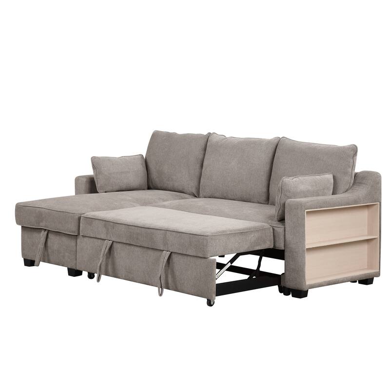 90" Convertible Sleeper Sofa with Storage Chaise, USB Ports, Storage Racks for Compact Spaces