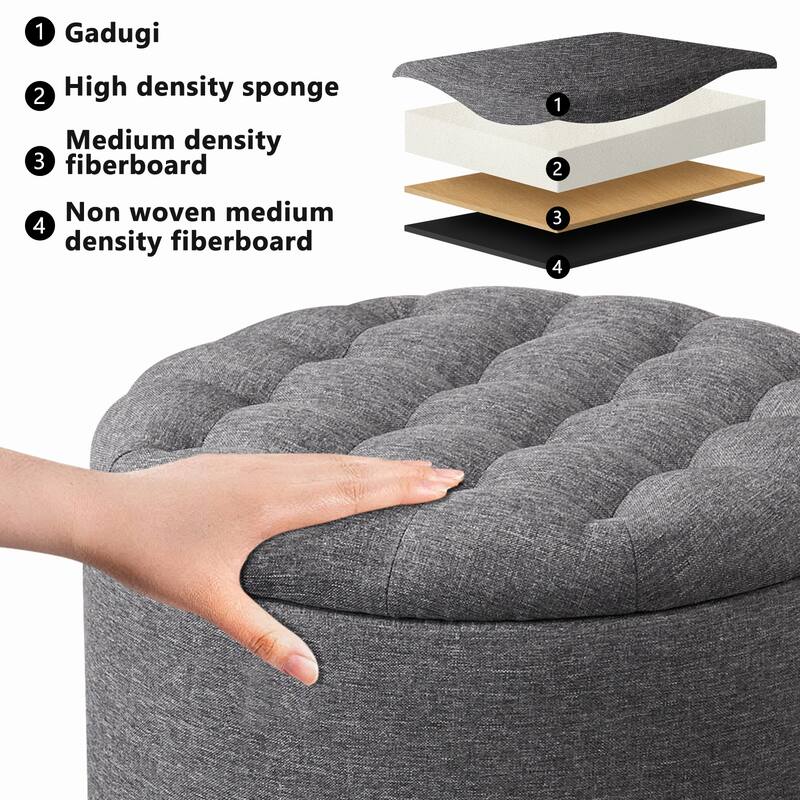 Modern Button Tufted Accent Storage Ottoman, Small Upholstered Circle Pouf Footstool with Removable Lid Storage Ottoman