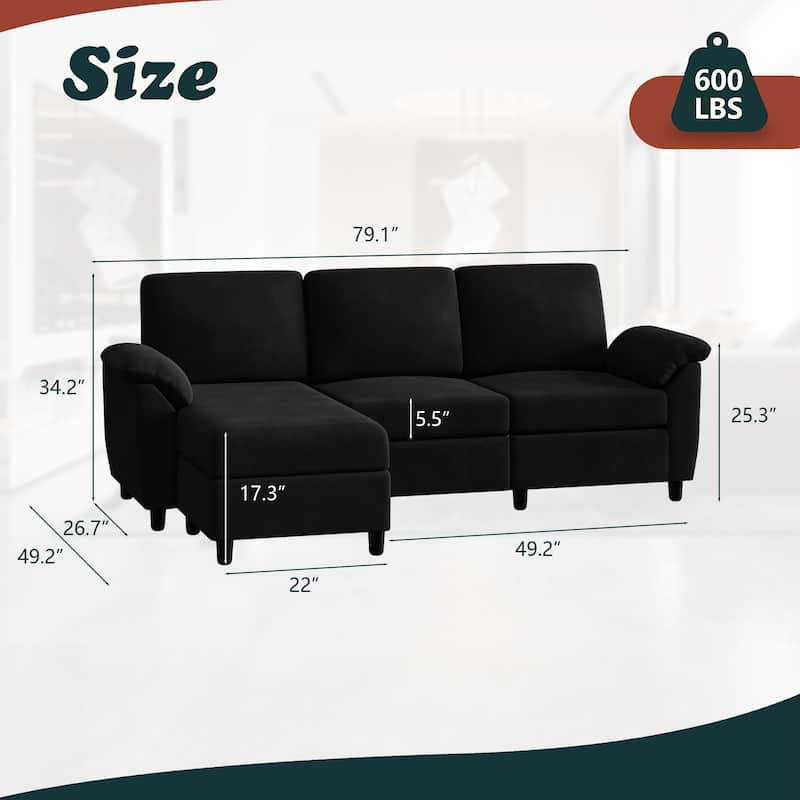 Futzca ​Sectional Sofa Couch, 3 Seat L Shaped Sofa with Removable Pillows