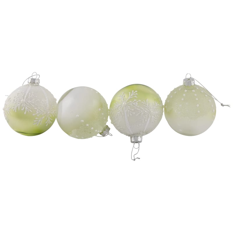 Snowflakes Shiny Glass Ball Christmas Ornaments - 3" (80mm) - Green and White - 4ct