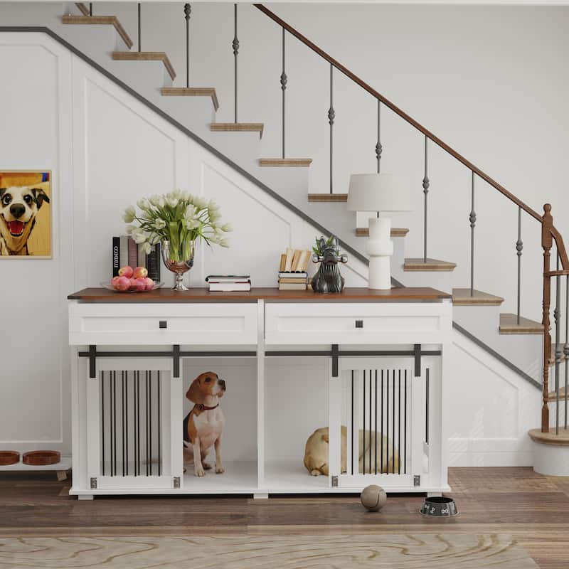 63"Large Dog Crate for Double Dog,Wooden Dog Kennel with 2 Drawers,Divider and Sliding Door,Water Resistant Indoor Pets