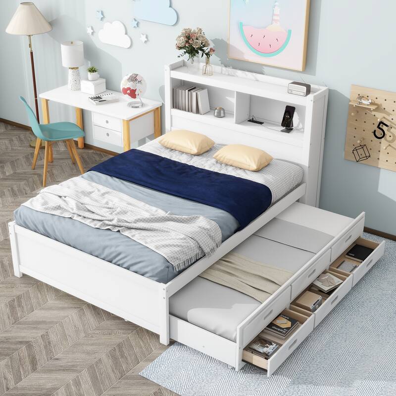 Full Platform Bed with Twin Size Trundle,Bookcase Headboard,Charging Station and 3 Drawers,Wood Full Storage Bed Frame for Kids - White
