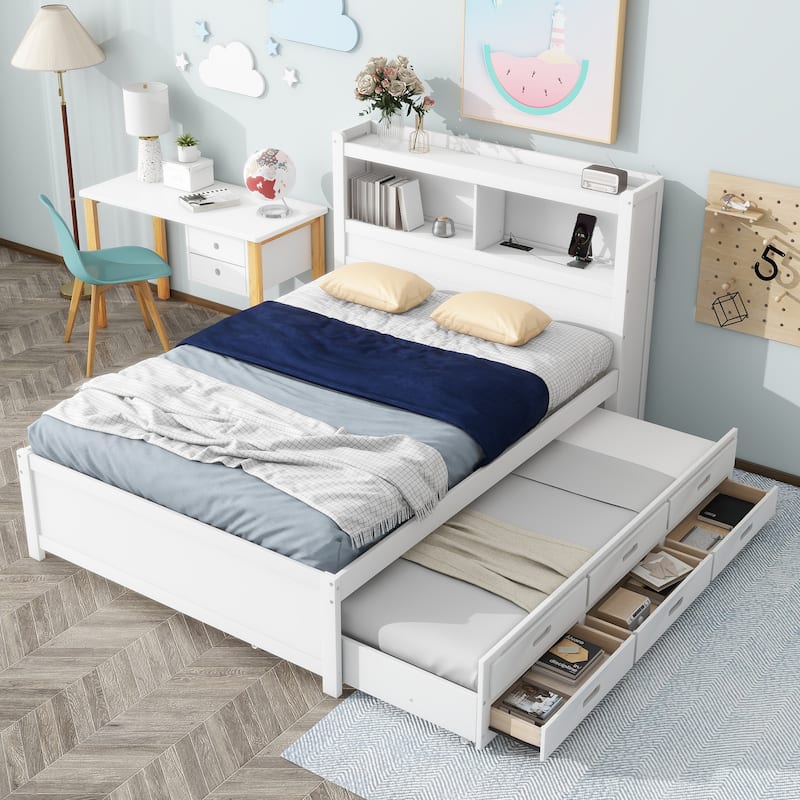 Full Size Platform Bed with Trundle, Drawers, USB Plugs, and Storage Shelves, White - White